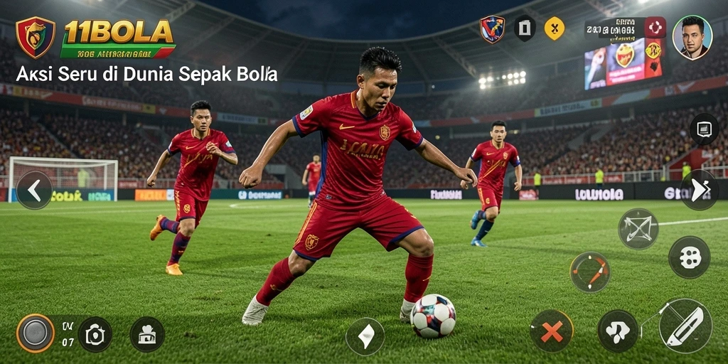 Screenshot utama menunjukkan aksi mendebarkan di lapangan sepak bola.