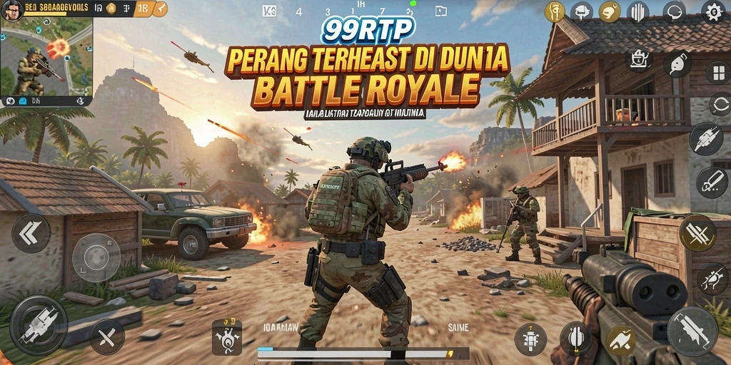 Screenshot utama 99RTP menampilkan aksi pertempuran Battle Royale yang intens.