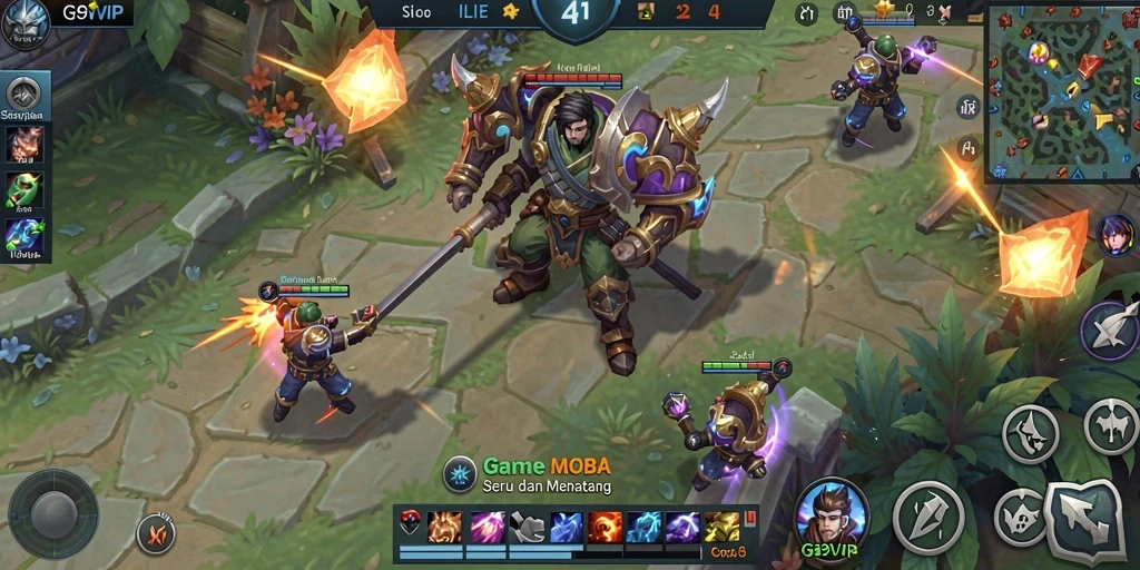 Tampilan menegangkan dari gameplay MOBA G9VIP dengan tim bertarung.