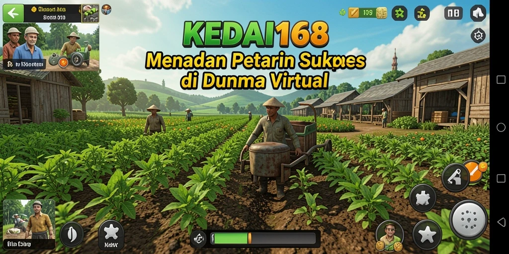 Screenshot utama KEDAI168 menampilkan ladang yang subur dan tanaman yang beragam.