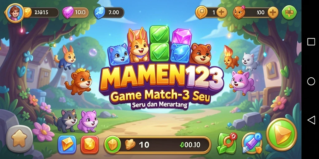 Screenshot gameplay MAMEN123 dengan permata berwarna-warni.