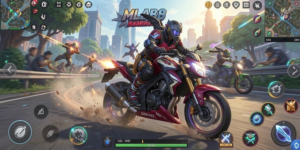 Screenshot gameplay MLBB8 menampilkan aksi balap motor yang seru.
