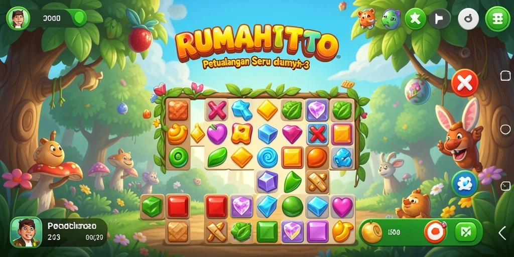 Tangkapan layar RUMAHTOTO menampilkan gameplay terinspirasi Match-3 yang enerjik.